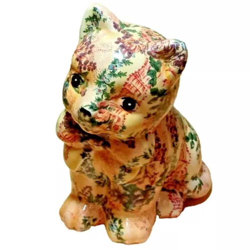 Cat Figurine Porcelain Floral Lace Joan‎ Baker Designs Collectible Vintage EUC